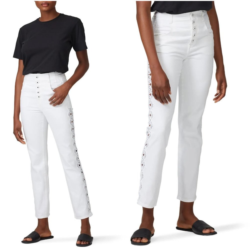 Jonathan Simkhai white high rise Lace Applique button fly cotton denim jeans 30